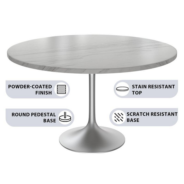 LeisureMod Verve Collection 48 Round Dining Table, Brushed Chrome Base with Sintered Stone White Top Details.