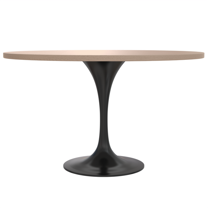 LeisureMod Verve Collection 48 Round Dining Table, Black Base with Light Natural Wood MDF Top Side View.