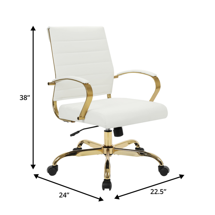 White office chair with gold accents and dimensions labeled on a white background.