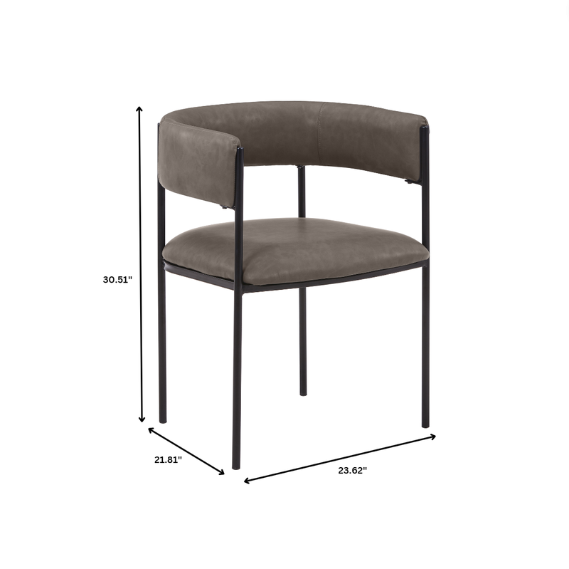 Brown chair with black metal frame and dimensions on a white background.