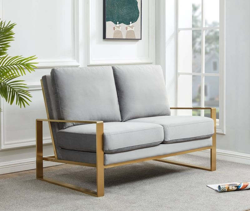 Leisuremod Jefferson Contemporary Modern Velvet Loveseat with Gold Frame Light Grey with Backgound.