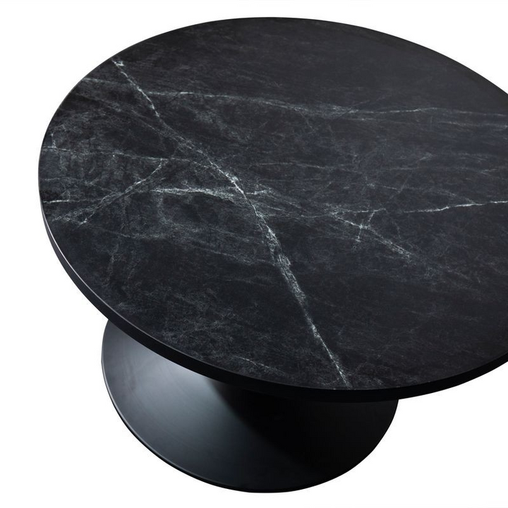 LeisureMod Verve Coffee Table Black base with 27" round Black Marble MDF Top View.