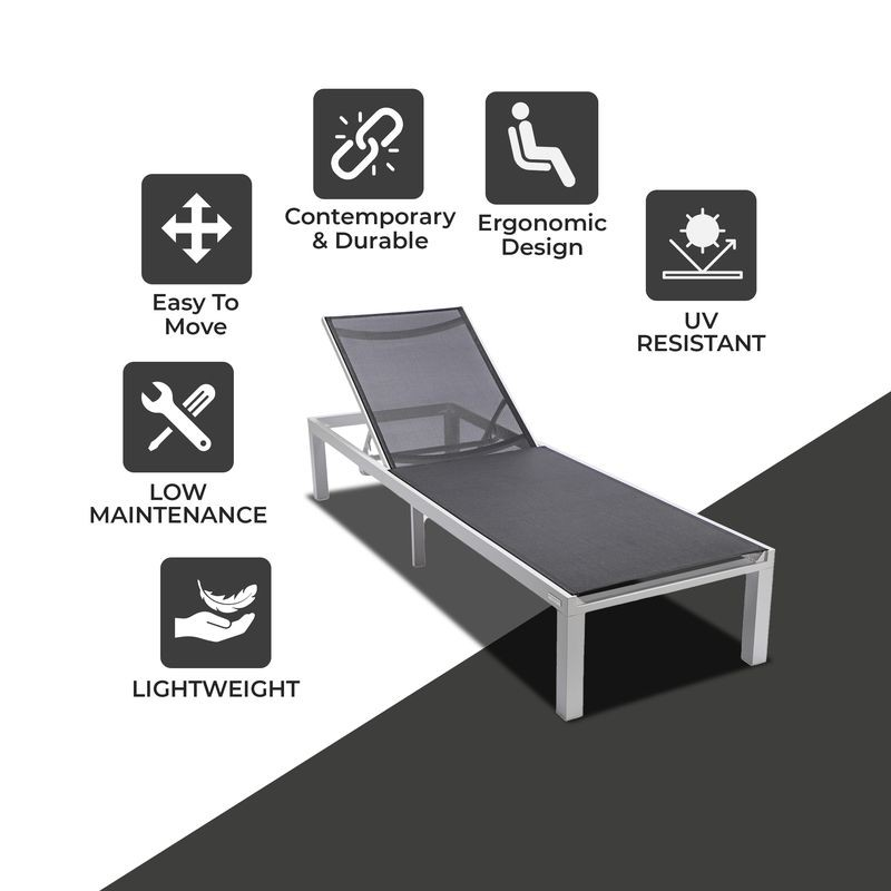 LeisureMod Marlin Patio Chaise Lounge Chair with White Aluminum Frame Black Description.