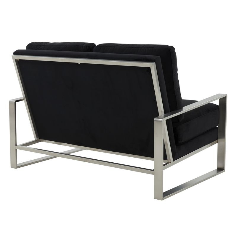 Leisuremod Jefferson Contemporary Modern Velvet Loveseat with Silver Frame Black Back View