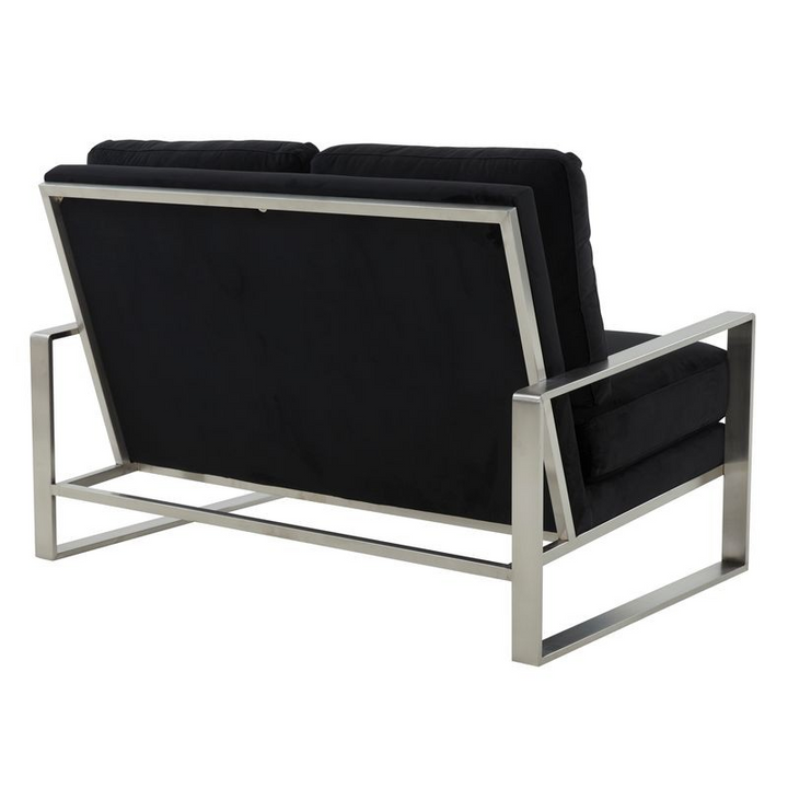 Leisuremod Jefferson Contemporary Modern Velvet Loveseat with Silver Frame Black Back View