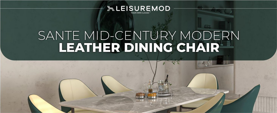 LeisureMod Sante Mid-Century Modern Leather Dining Chair advertisement with a dining table and chairs.