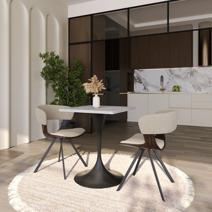 LeisureMod Verve Collection 24 Square Dining Table, Black Base with Light Natural Wood MDF Top with Chairs.