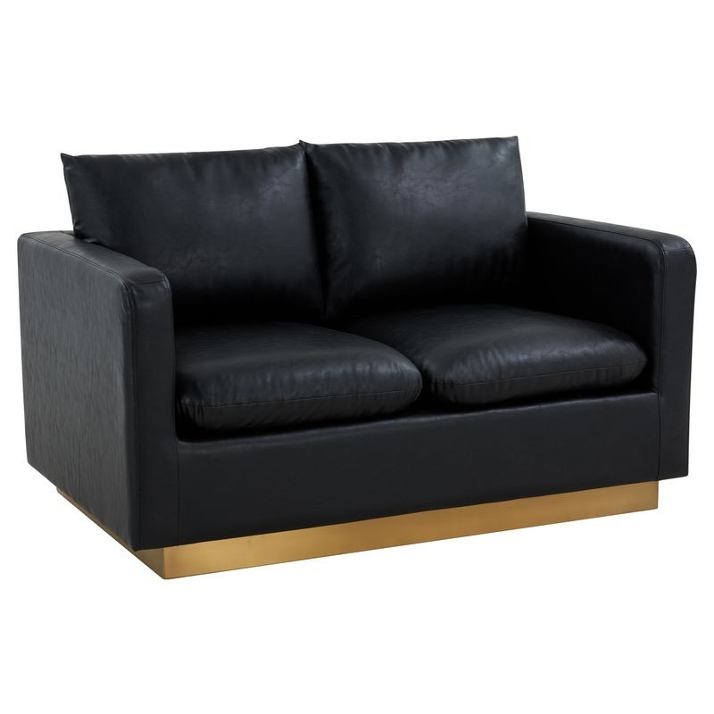 LeisureMod Nervo Modern Mid-Century Upholstered Faux Leather Loveseat with Gold Frame Black