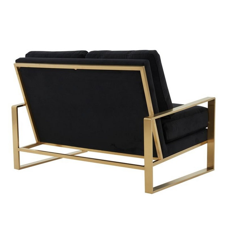 Leisuremod Jefferson Contemporary Modern Velvet Loveseat with Gold Frame Black Back View.