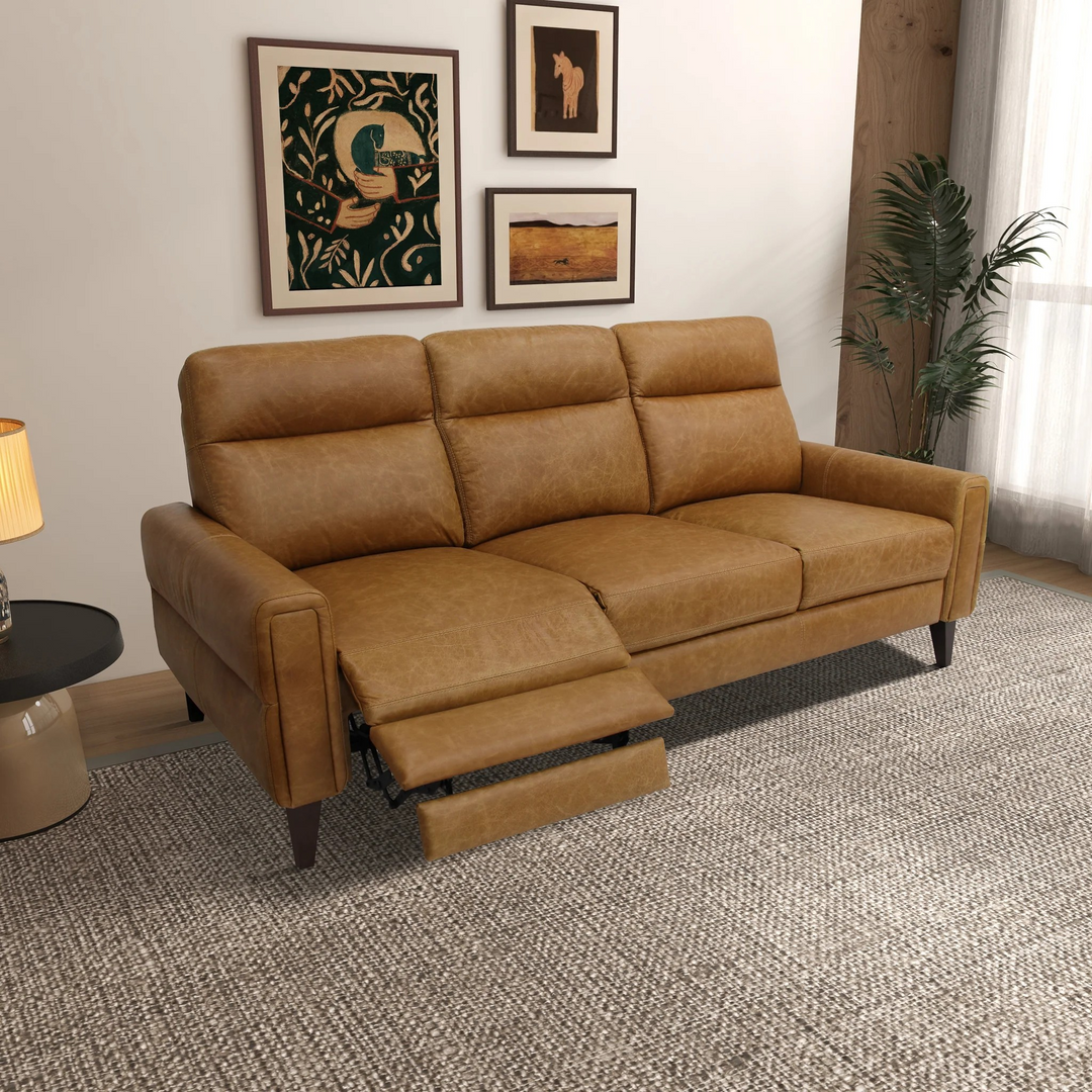 Elliot Incliner Sofa Left Waxy Tan Leather Reclined.