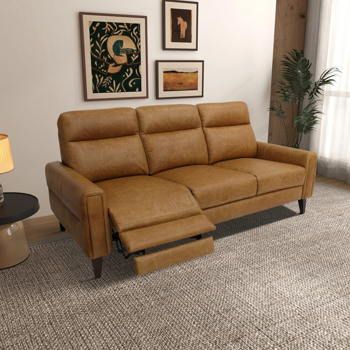 Elliot Incliner Sofa Left Waxy Tan Leather Reclined.