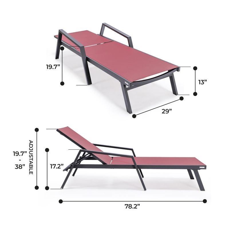 LeisureMod Marlin Patio Chaise Lounge Chair with Armrests in Black Aluminum Frame Burgundy Dimensions.
