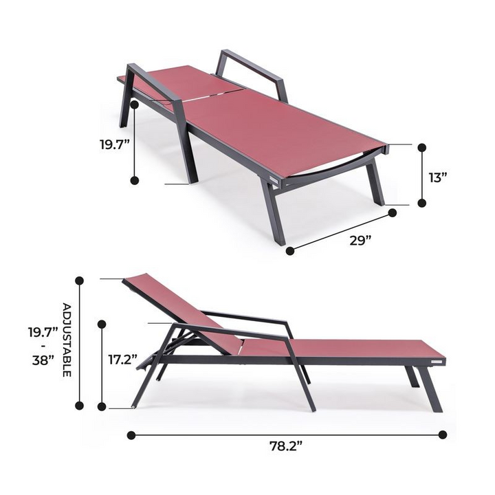LeisureMod Marlin Patio Chaise Lounge Chair with Armrests in Black Aluminum Frame Burgundy Dimensions.