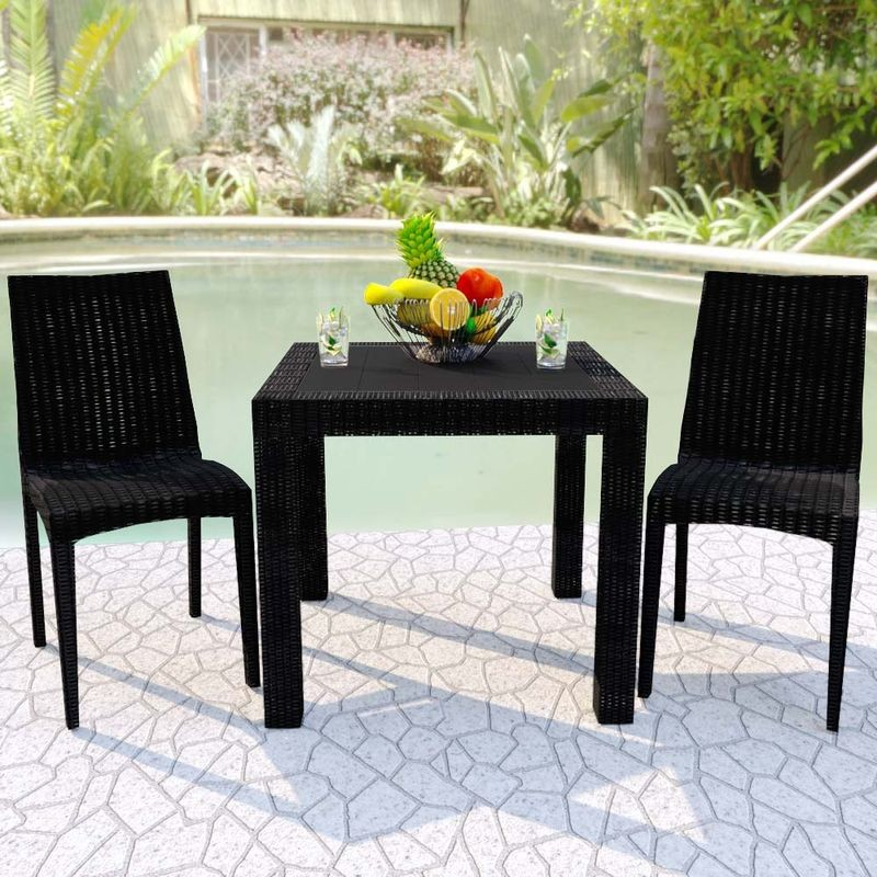 LeisureMod Mace 3-Piece Outdoor Dining Set with Plastic Square Table and 2 Stackable Chairs with Weave Design Black with Background.