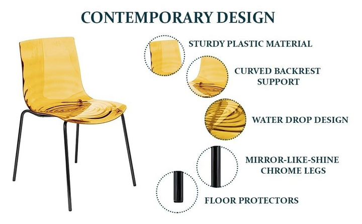 Yellow chair with features listed on a white background.