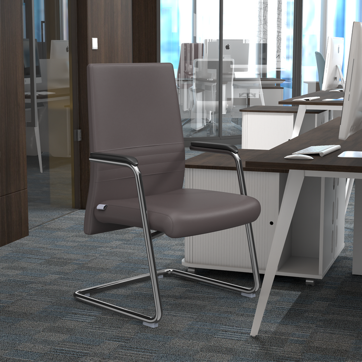 LeisureMod Aleen Series Guest Office Chair in Grey Leather in Office.