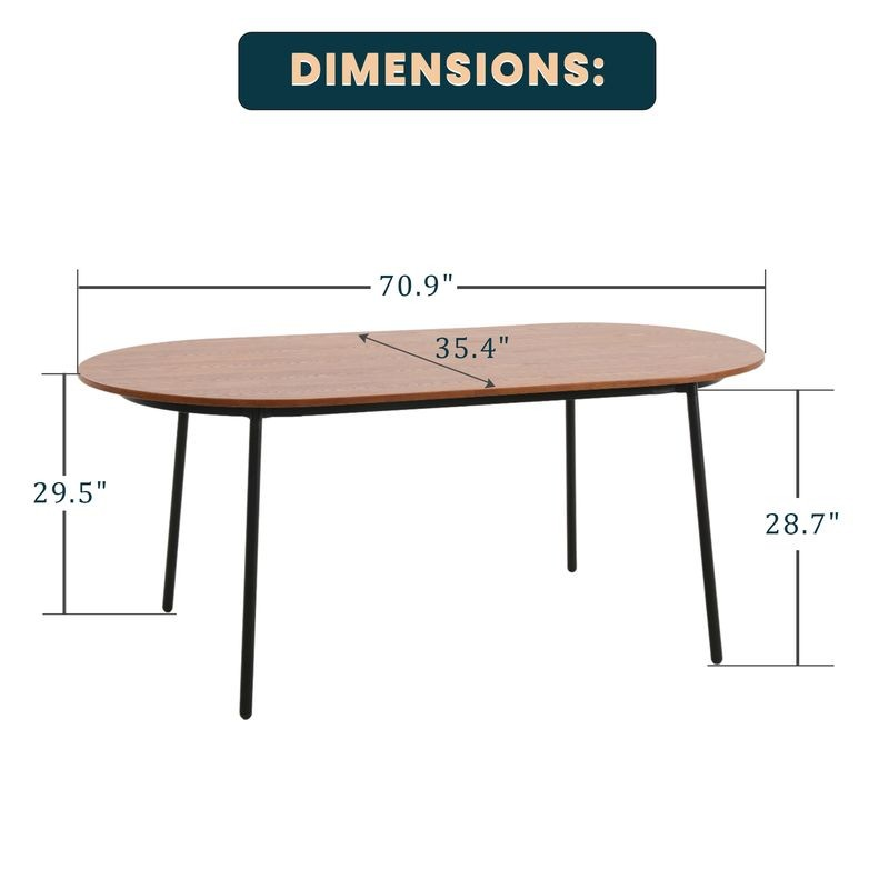 LeisureMod Tule Modern 71" Oval Dining Table with MDF Top and Black Steel Legs in Walnut Dimensions.