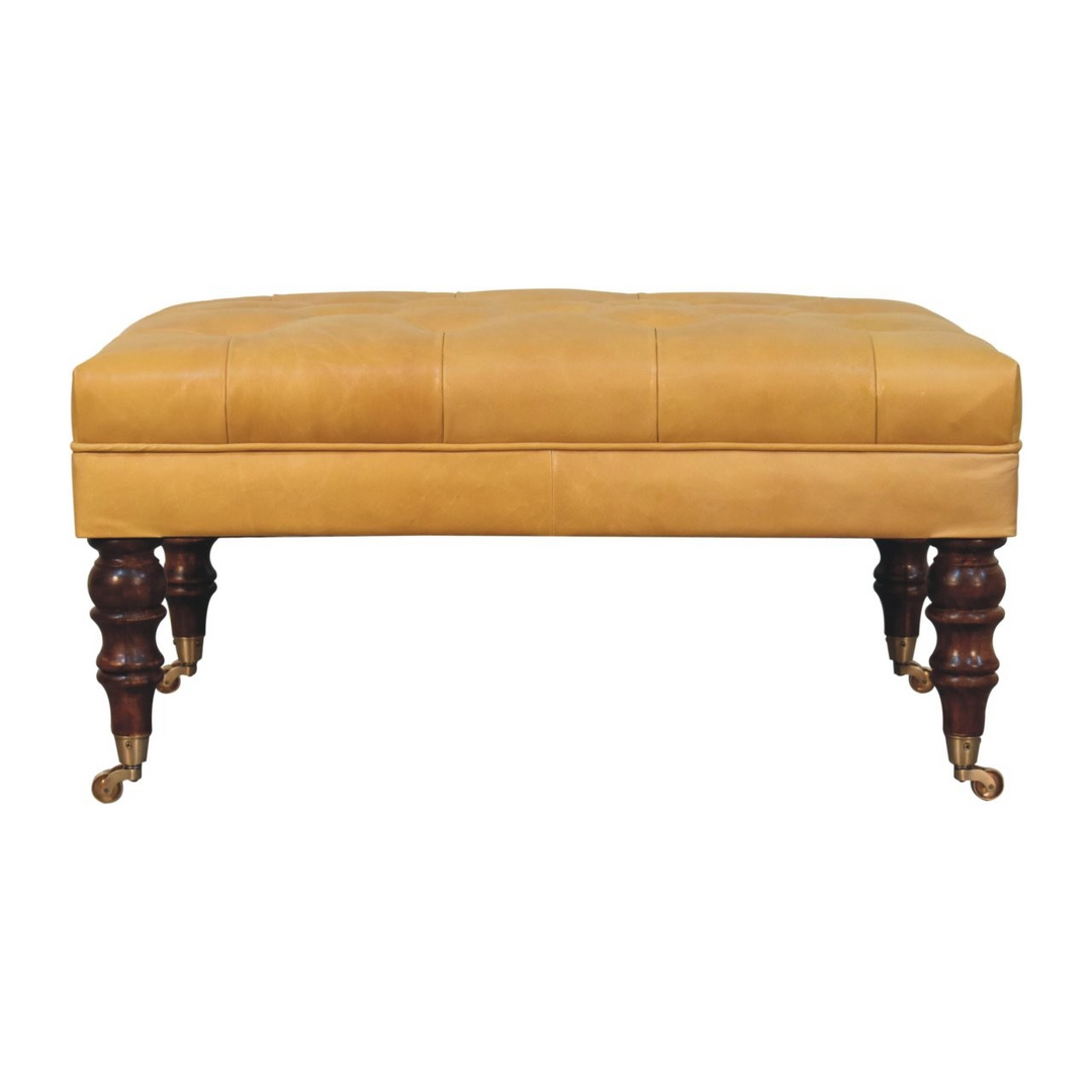 Honey Caramel Buffalo Ash Black Leather Ottoman with Castor Legs