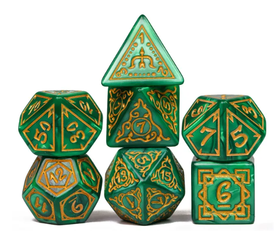 Druid Green Marble Pattern Dice | Green Dice w/Gold Art 7-Dice Set