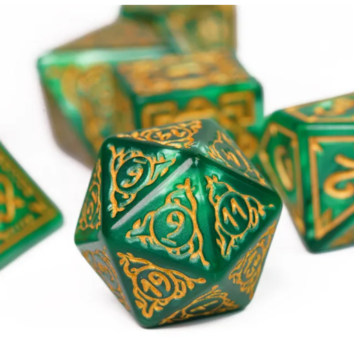 Druid Green Marble Pattern Dice | Green Dice w/Gold Art 7-Dice Set