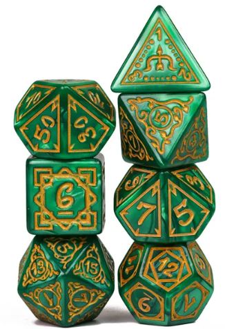 Druid Green Marble Pattern Dice | Green Dice w/Gold Art 7-Dice Set