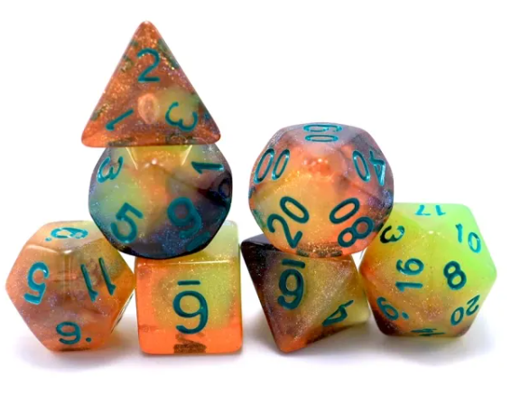 Glowing Galaxy 7-Dice Set Green/Orange w/Green Glow-in-Dark Dnd Dice