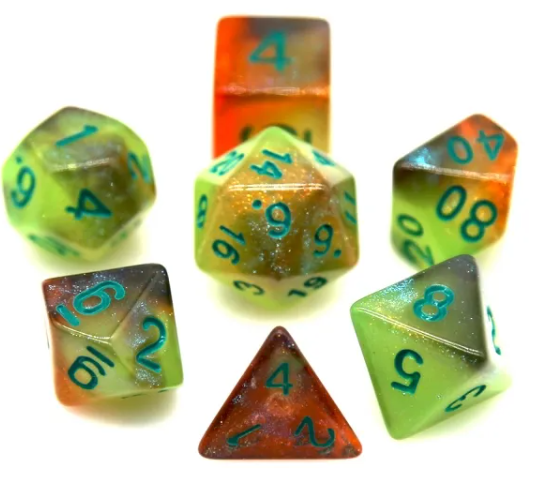 Glowing Galaxy 7-Dice Set Green/Orange w/Green Glow-in-Dark Dnd Dice