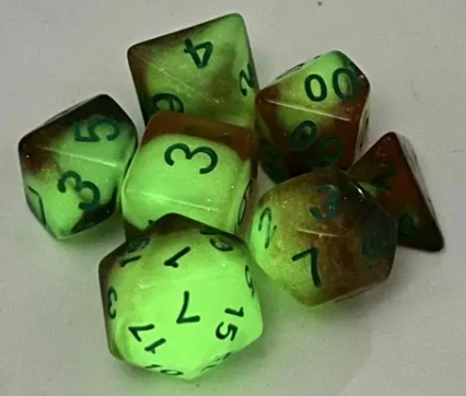 Glowing Galaxy 7-Dice Set Green/Orange w/Green Glow-in-Dark Dnd Dice