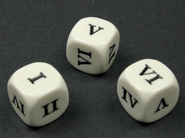 16mm Opaque d6 Roman Numerals I-II-III-IV-V-VI White/black (sold per piece)