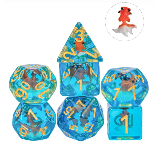 Goldfish Dice 7-Dice Set Blue w/ Goldfish Inside Dnd Dice Set