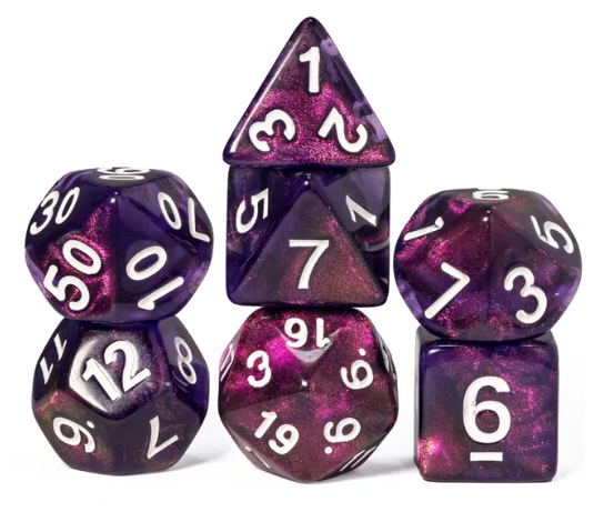Purple Translucent Glitter Dice 7-Dice Set w/White Dnd Dice Resin