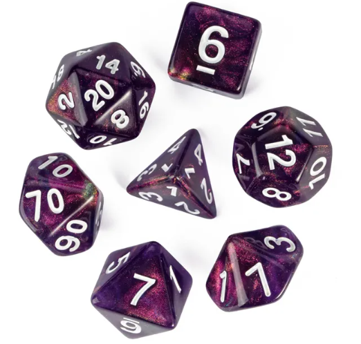 Purple Translucent Glitter Dice 7-Dice Set w/White Dnd Dice Resin
