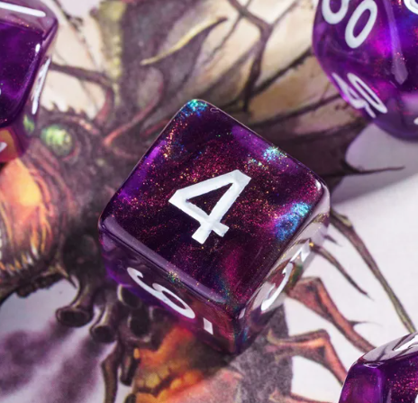 Purple Translucent Glitter Dice 7-Dice Set w/White Dnd Dice Resin