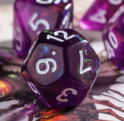 Purple Translucent Glitter Dice 7-Dice Set w/White Dnd Dice Resin