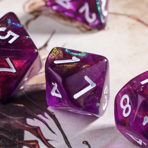 Purple Translucent Glitter Dice 7-Dice Set w/White Dnd Dice Resin