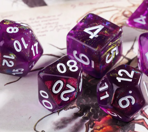 Purple Translucent Glitter Dice 7-Dice Set w/White Dnd Dice Resin