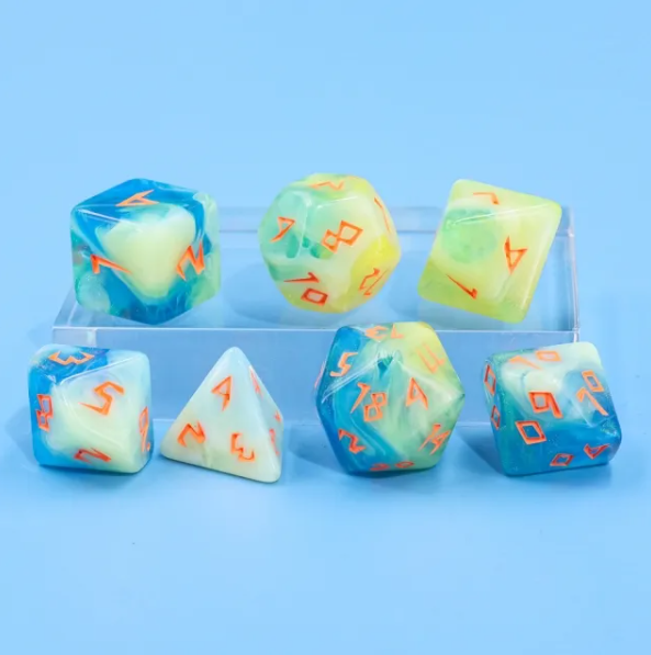 Tranquil Summer Dice 7-Dice Set | Blue and Yellow Glitter Primitive Font