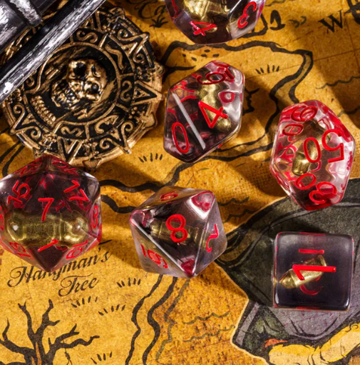 Bullet Swirl Dice Set - 7-Piece Clear & Gold Gunslinger Set with Red Numbers for DnD 5E
