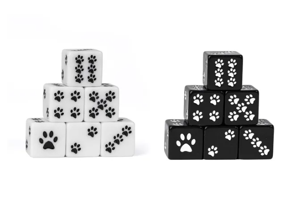 White Cat Paw Dice Opaque w/Black Paw Prints 16mm d6 Dice (sold per die)