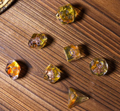 Radiant Dawn: Cleric Sun 7-Dice Set with Golden Sunburst | Yellow & Orange Sun Dice
