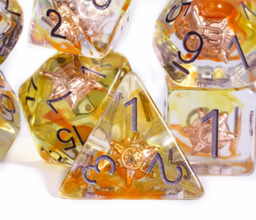 Radiant Dawn: Cleric Sun 7-Dice Set with Golden Sunburst | Yellow & Orange Sun Dice