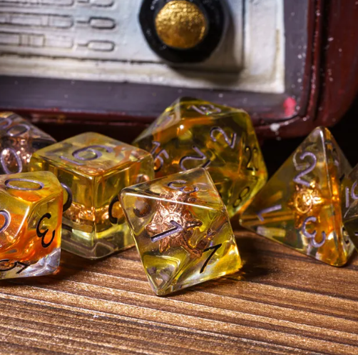 Radiant Dawn: Cleric Sun 7-Dice Set with Golden Sunburst | Yellow & Orange Sun Dice