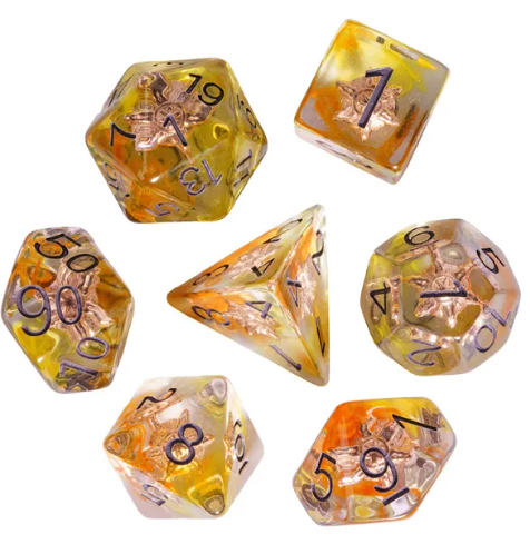 Radiant Dawn: Cleric Sun 7-Dice Set with Golden Sunburst | Yellow & Orange Sun Dice