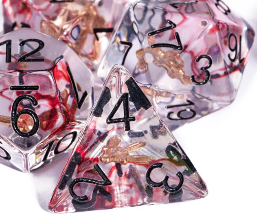 Crimson Veil: Rogue's Deception 7-Dice Set with Gilded Triple Dagger Inlay