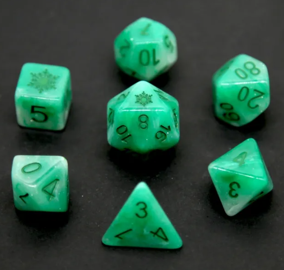 Emerald Blizzard: Green Snowflake D&D 7-Dice Set w/Snowflake Emblem