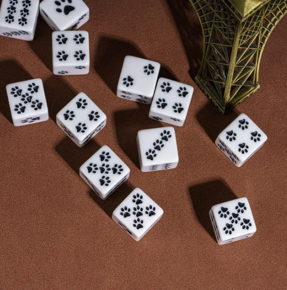 White Cat Paw Dice Opaque w/Black Paw Prints 16mm d6 Dice (sold per die)
