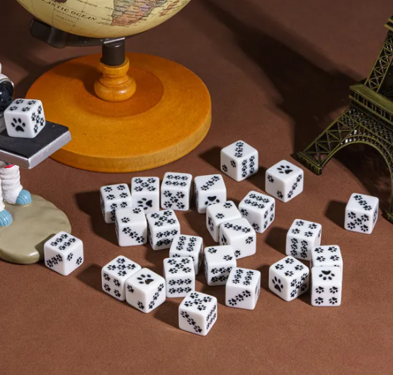 White Cat Paw Dice Opaque w/Black Paw Prints 16mm d6 Dice (sold per die)