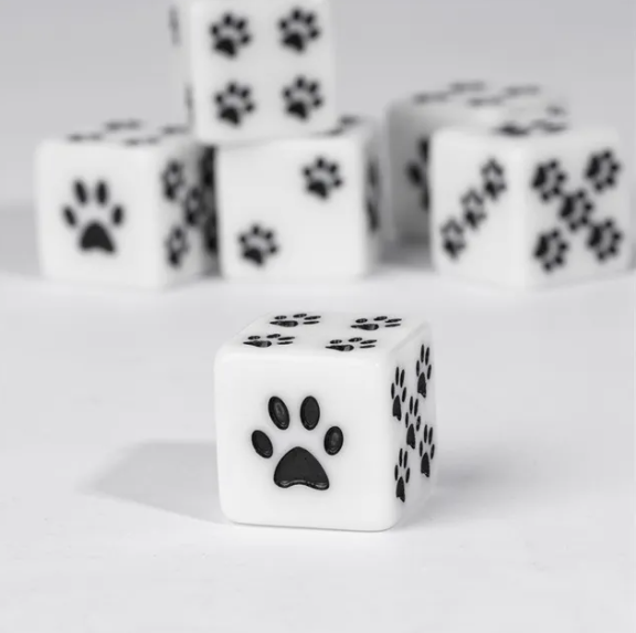 White Cat Paw Dice Opaque w/Black Paw Prints 16mm d6 Dice (sold per die)