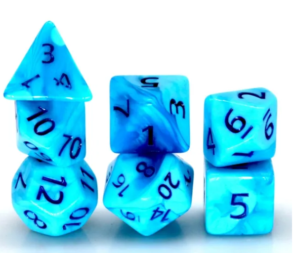Poseidon's Pain 7-Dice Set Blended Blue w/Blue Numbers Dnd Dice Set