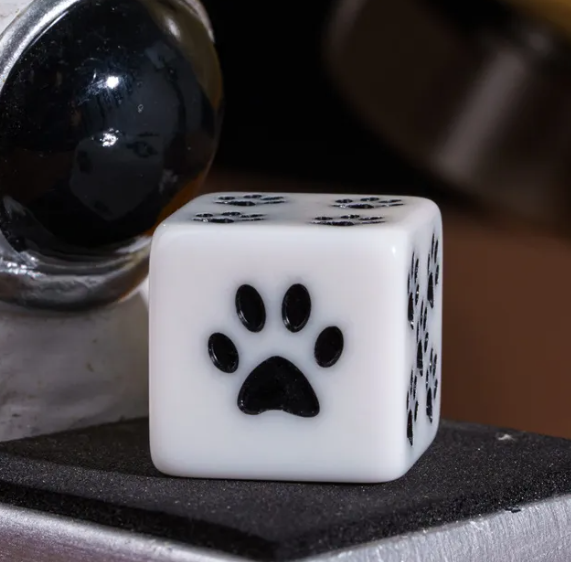 White Cat Paw Dice Opaque w/Black Paw Prints 16mm d6 Dice (sold per die)